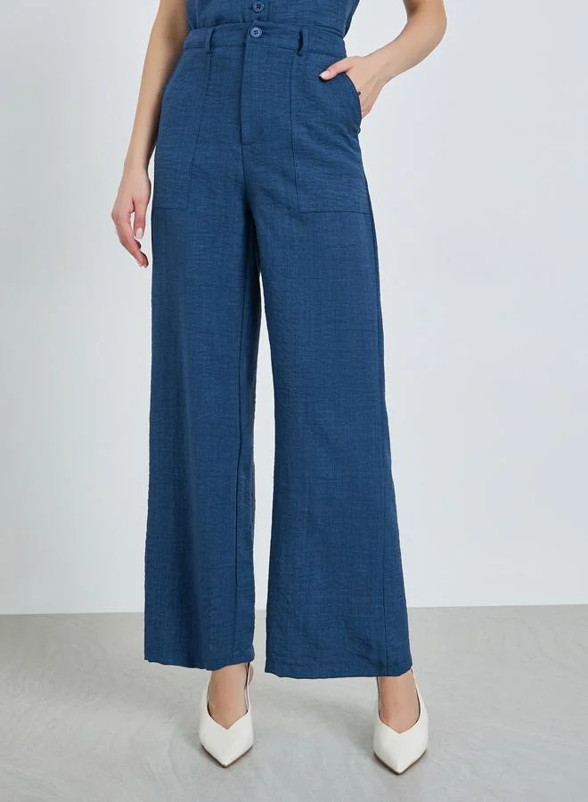 Styli Women Blue Linen Look Wide Leg Trousers